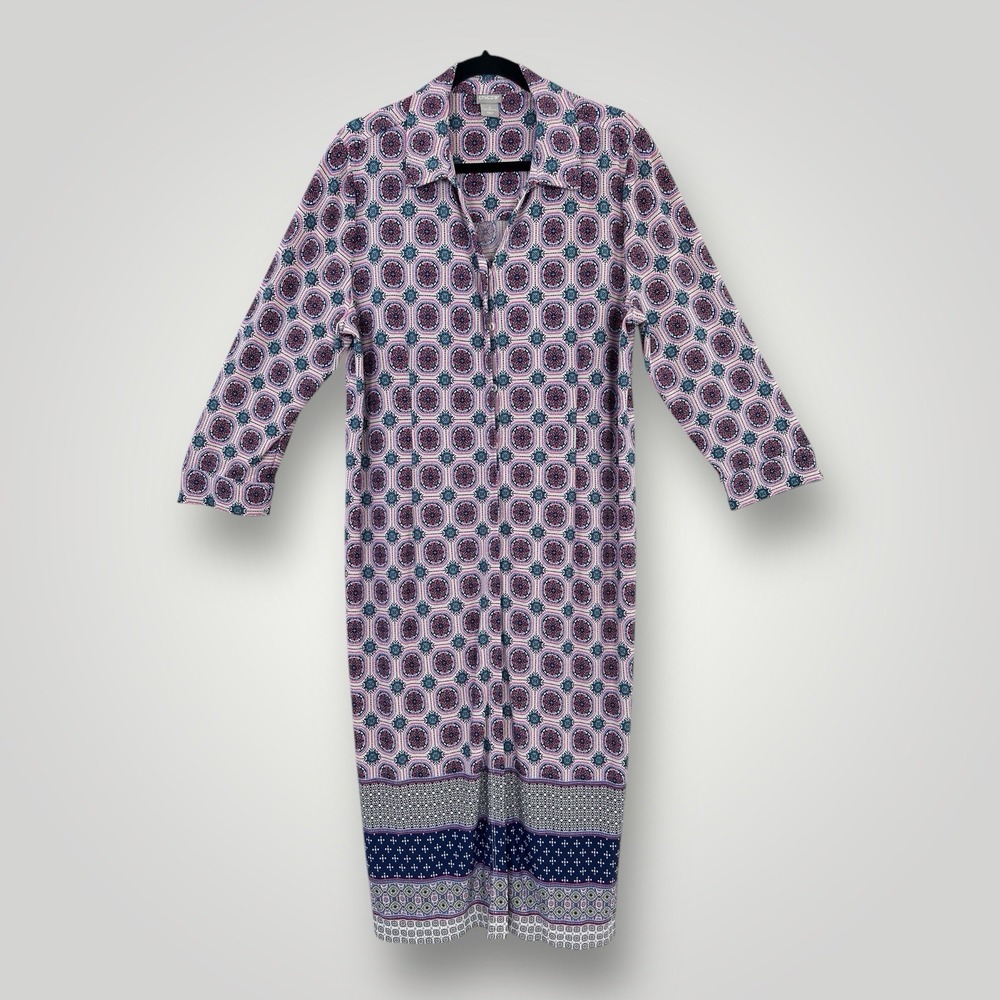 Chicos Medallion Midi‎ Print Shirt Dress Womans XL (3) Pink Blue 3/4 Sleeves